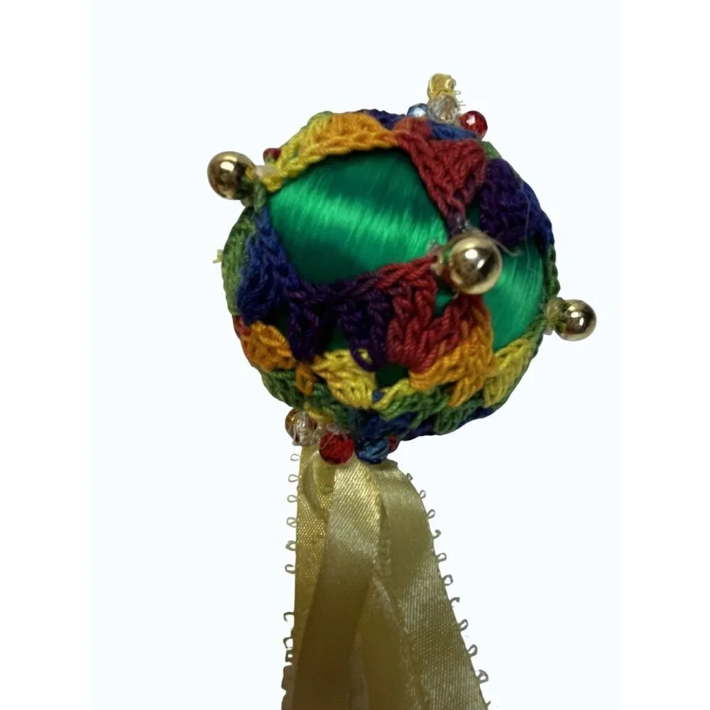 Set Of 4 Handmade Crochet Push Pin Ornaments With Ribbon Tassels  Beaded Accents